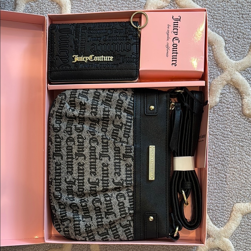 Juicy Couture Black and Silver Logo Crossbody Set (cardholder/keychain and bag)